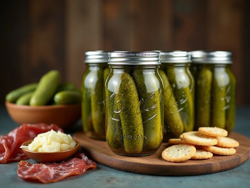 Labeled jars of homemade pickles arranged with a snack board