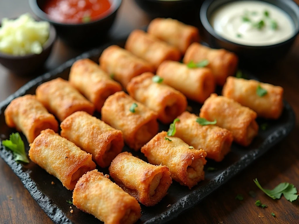 Crispy homemade air fryer egg rolls arranged on a platter with dipping sauces