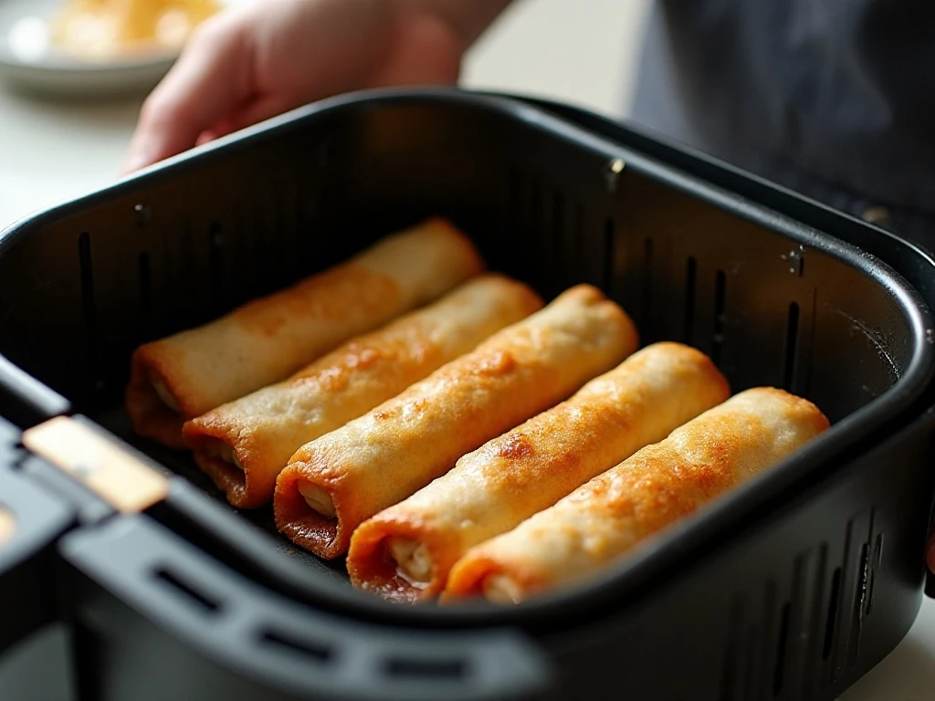 Egg rolls spaced in a single layer in an air fryer basket