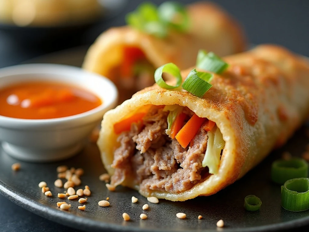 Cut-open crispy egg roll with filling and dipping sauces