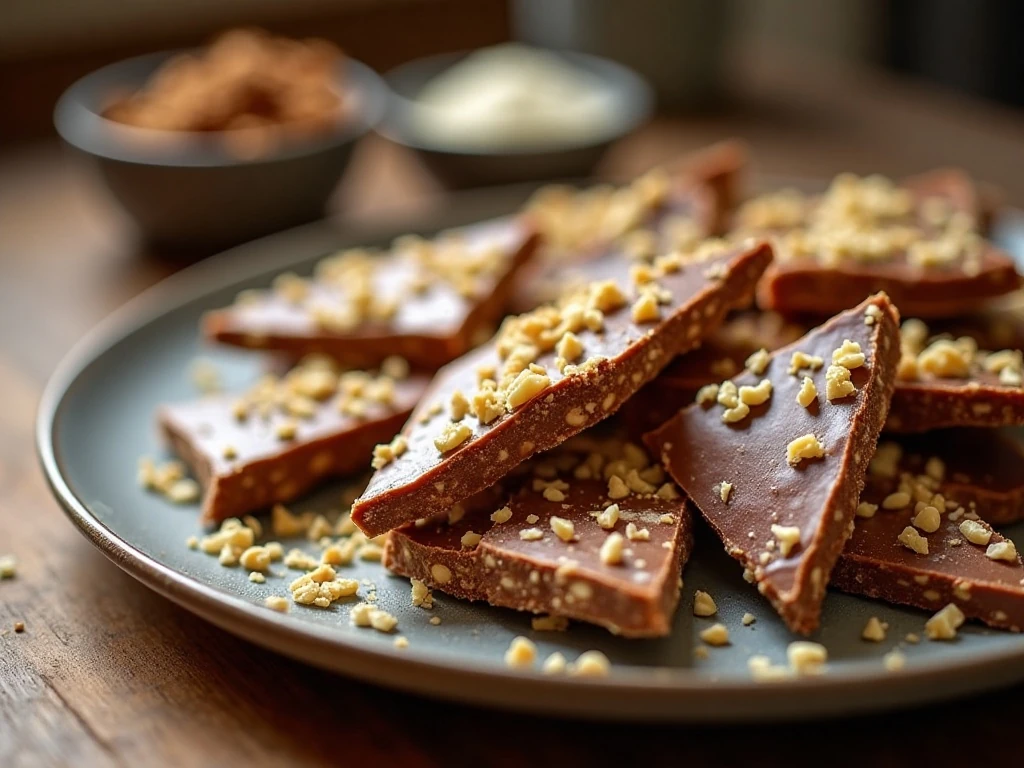 Homemade almond roca pieces arranged on a serving platter