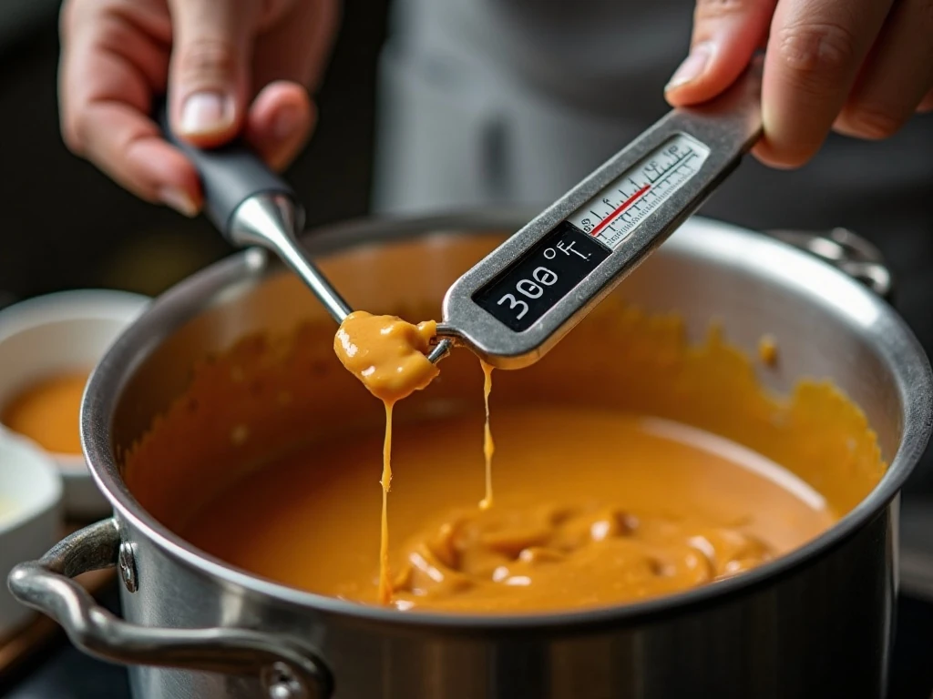 Candy thermometer showing the hard-crack stage for toffee