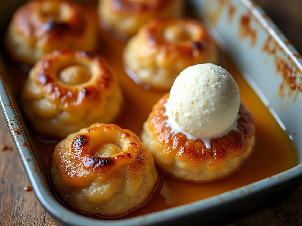 Old-fashioned homemade apple dumplings served warm with vanilla ice cream