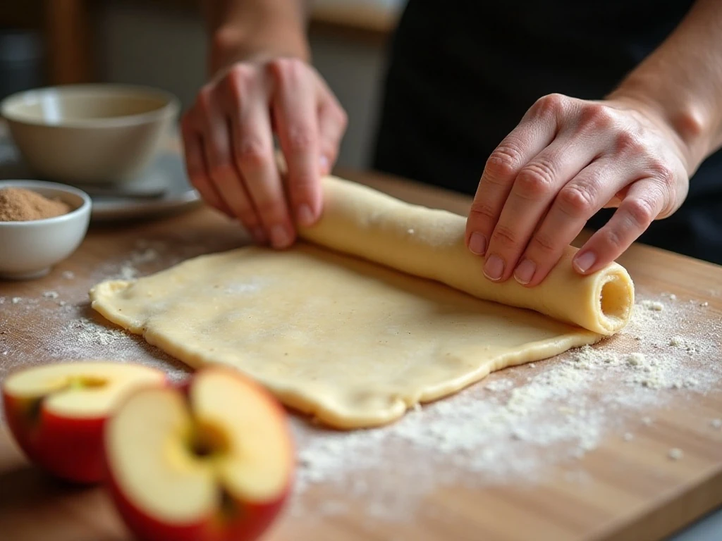Preparing pastry squares and apples for baked apple dumplings
