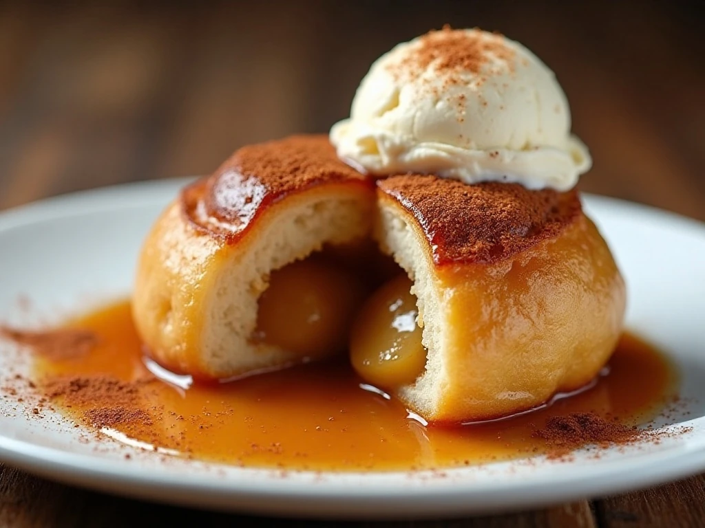 Apple dumpling with cinnamon syrup and melting vanilla ice cream