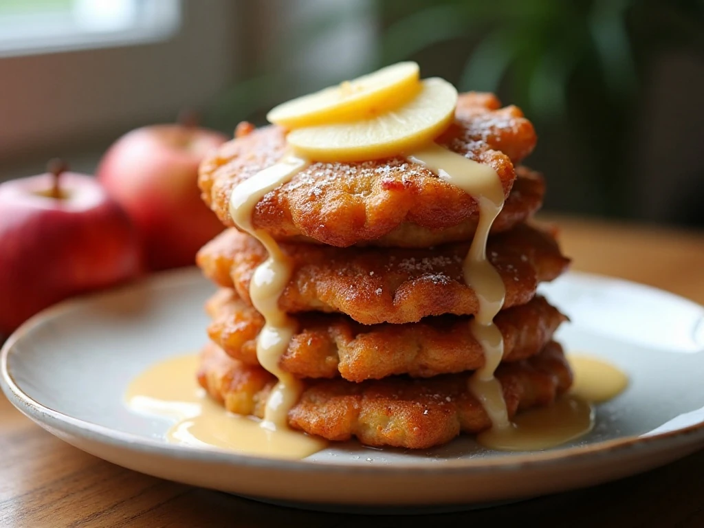 Stack of warm homemade apple fritters with vanilla glaze