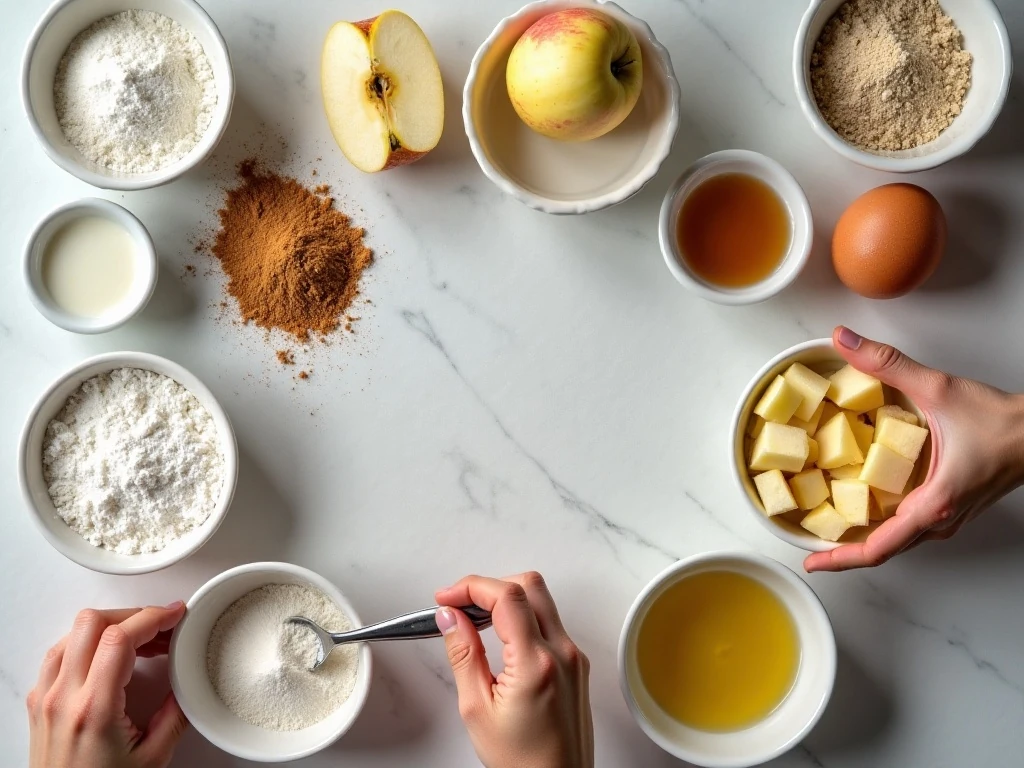 Ingredients for homemade apple fritters arranged for cooking