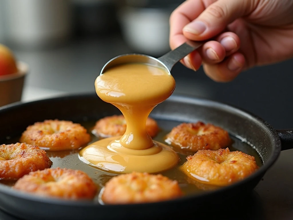 Apple fritter batter being portioned into hot oil