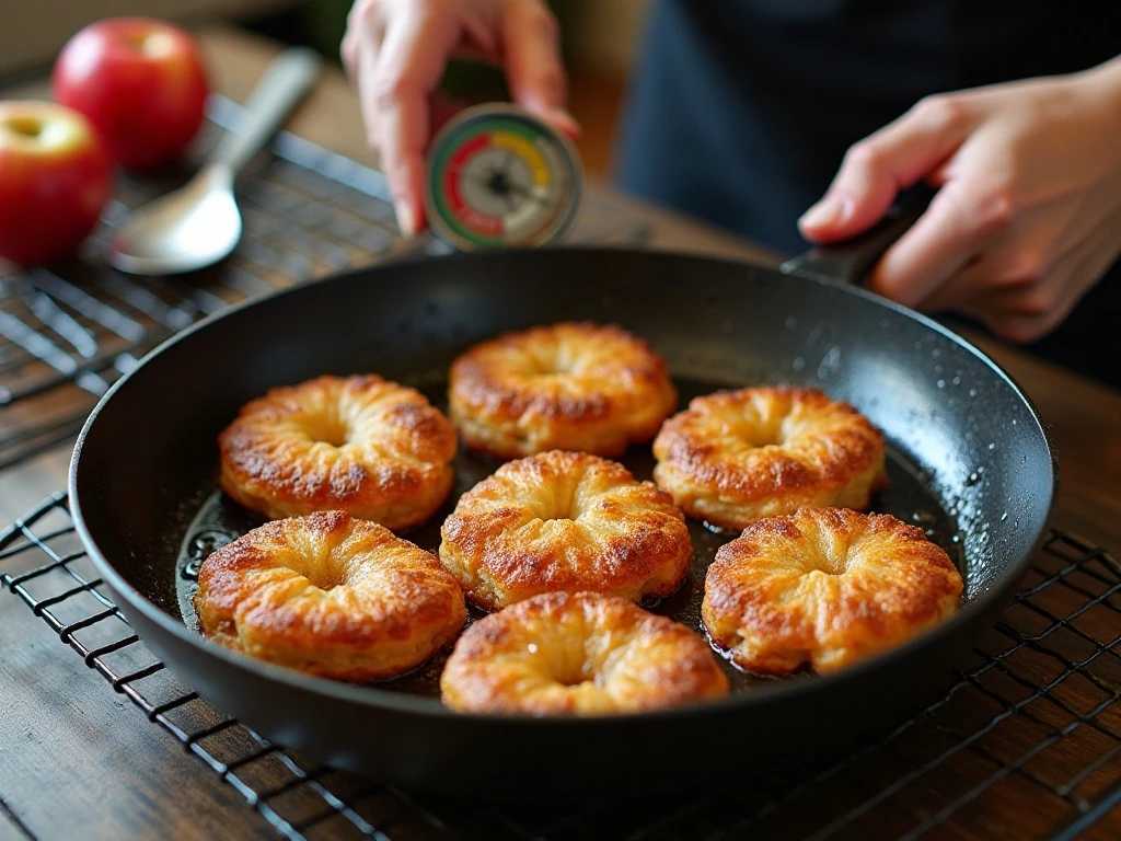 Apple fritters frying at the proper oil temperature