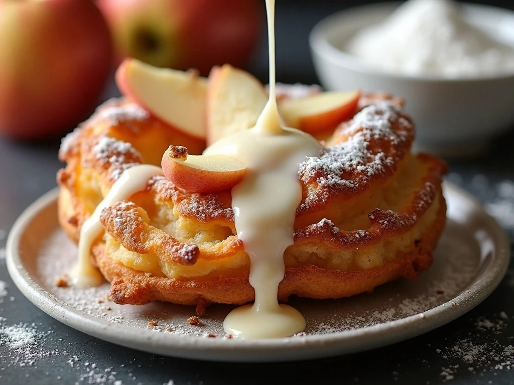 Vanilla glaze dripping over a cinnamon apple fritter