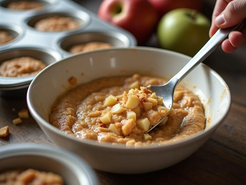 Folding diced apples into muffin batter