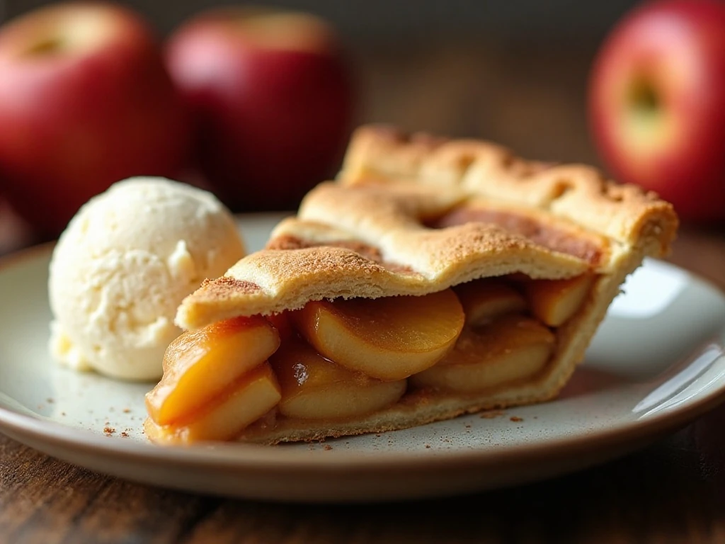 Slice of homemade apple pie showing cinnamon apple filling