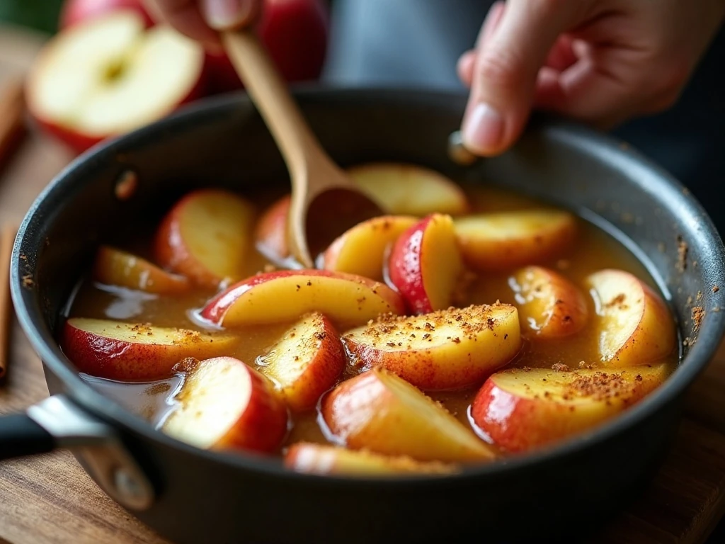 Apple slices cooking in homemade pie filling sauce