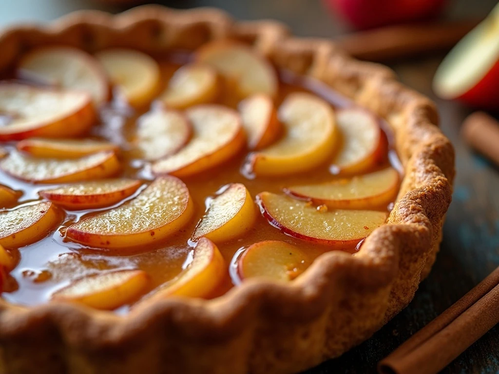 Close-up of thick glossy apple pie filling with tender slices