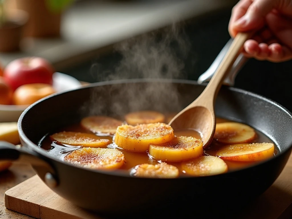 Apple slices cooking in homemade pie filling syrup