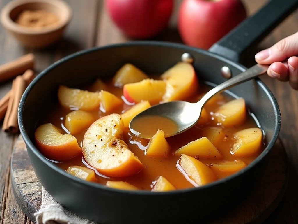 Thick glossy apple pie filling in a saucepan
