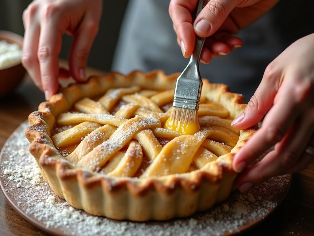 Brushing egg wash over an unbaked apple pie crust