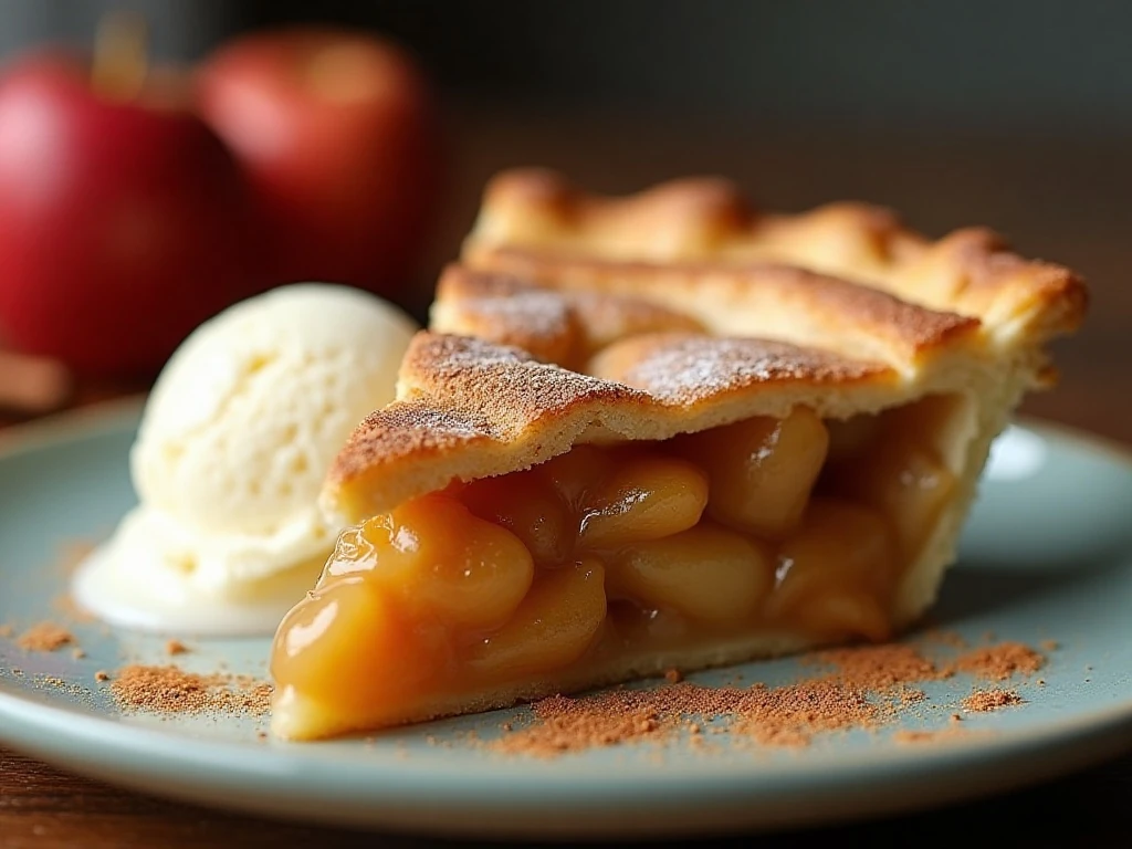 Apple pie slice served with vanilla ice cream