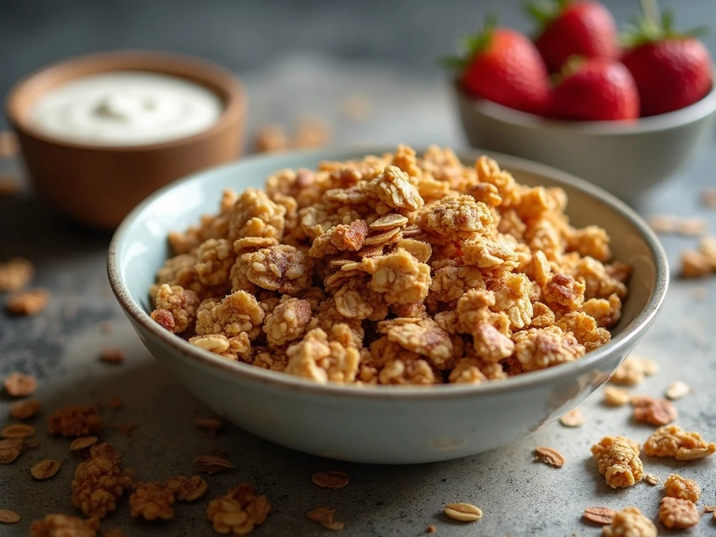 Bowl of crunchy homemade baked granola served with yogurt and berries