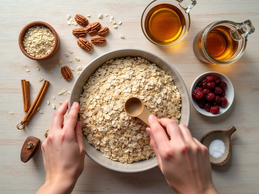 Ingredients for homemade baked granola arranged on a countertop