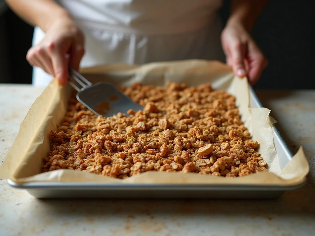 Granola mixture spread on a parchment-lined baking sheet before baking
