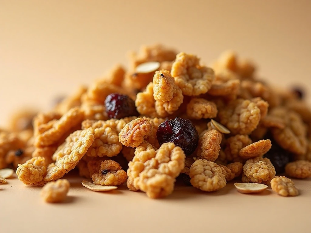 Close-up of crunchy golden granola clusters with nuts and dried fruit