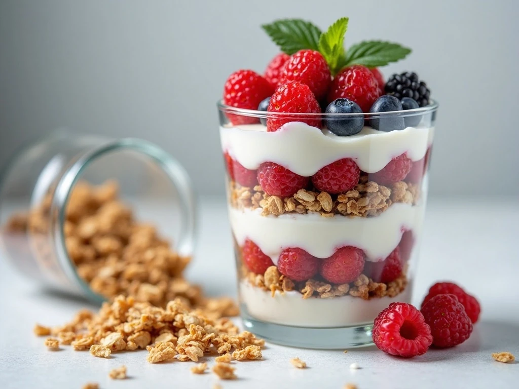 Yogurt parfait layered with homemade granola and fresh berries