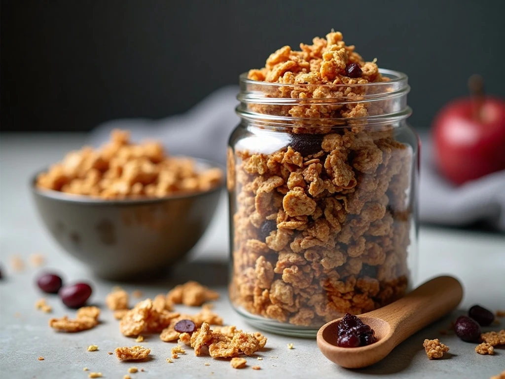 Homemade granola stored in an airtight glass jar