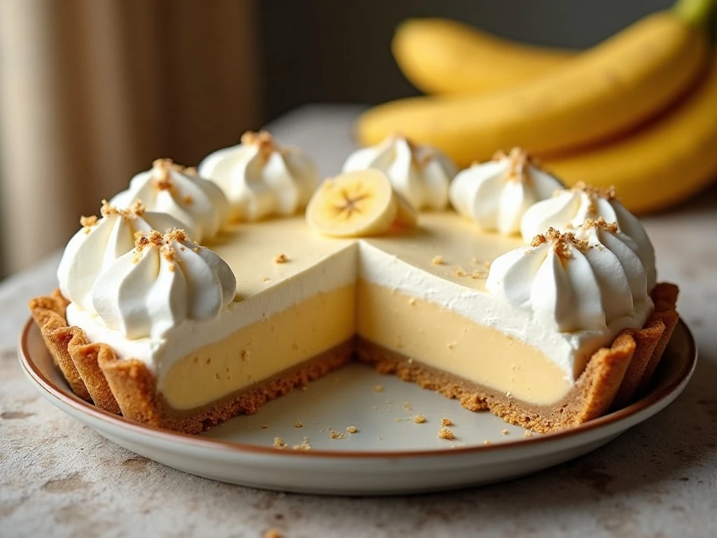 Slice of homemade banana cream pie showing creamy custard and banana layers