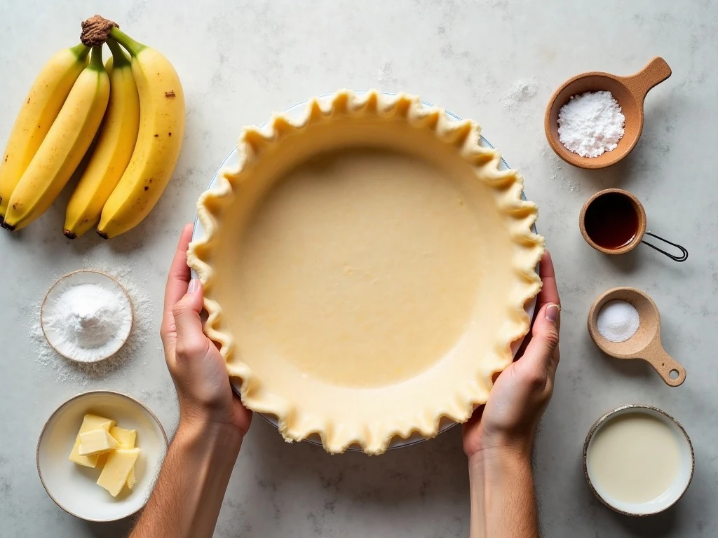Ingredients for homemade banana cream pie arranged for baking