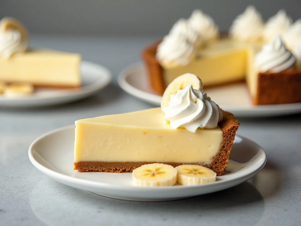 Chilled banana cream pie served in neat slices with whipped cream