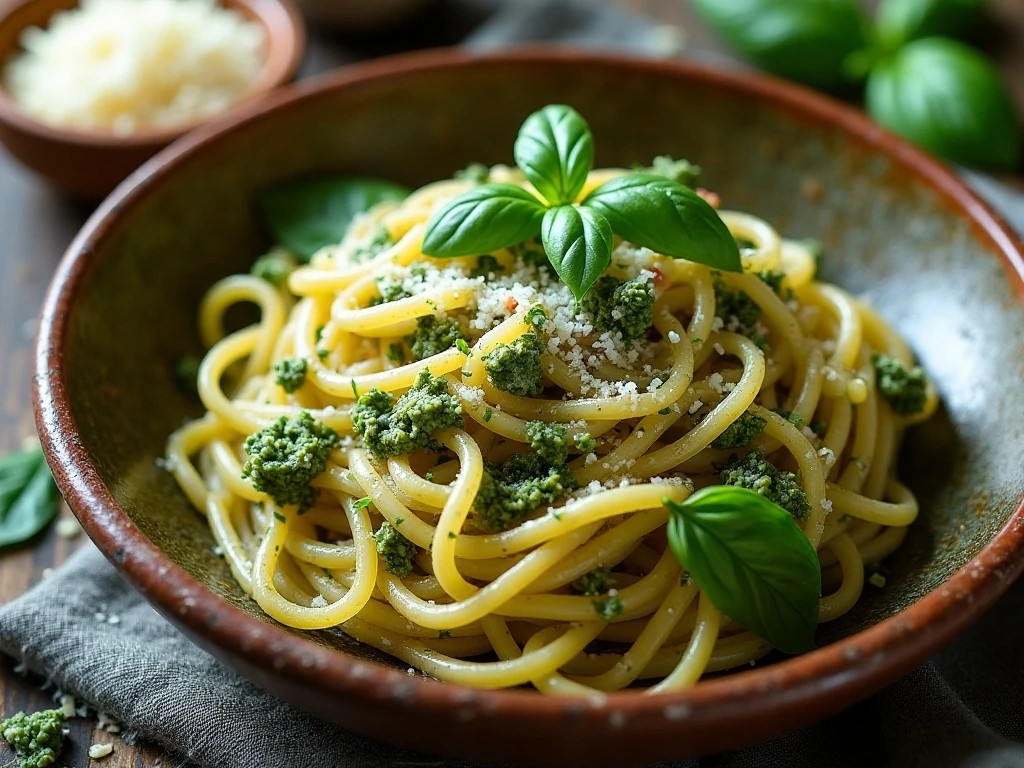 Fresh basil pesto coating pasta in a serving bowl