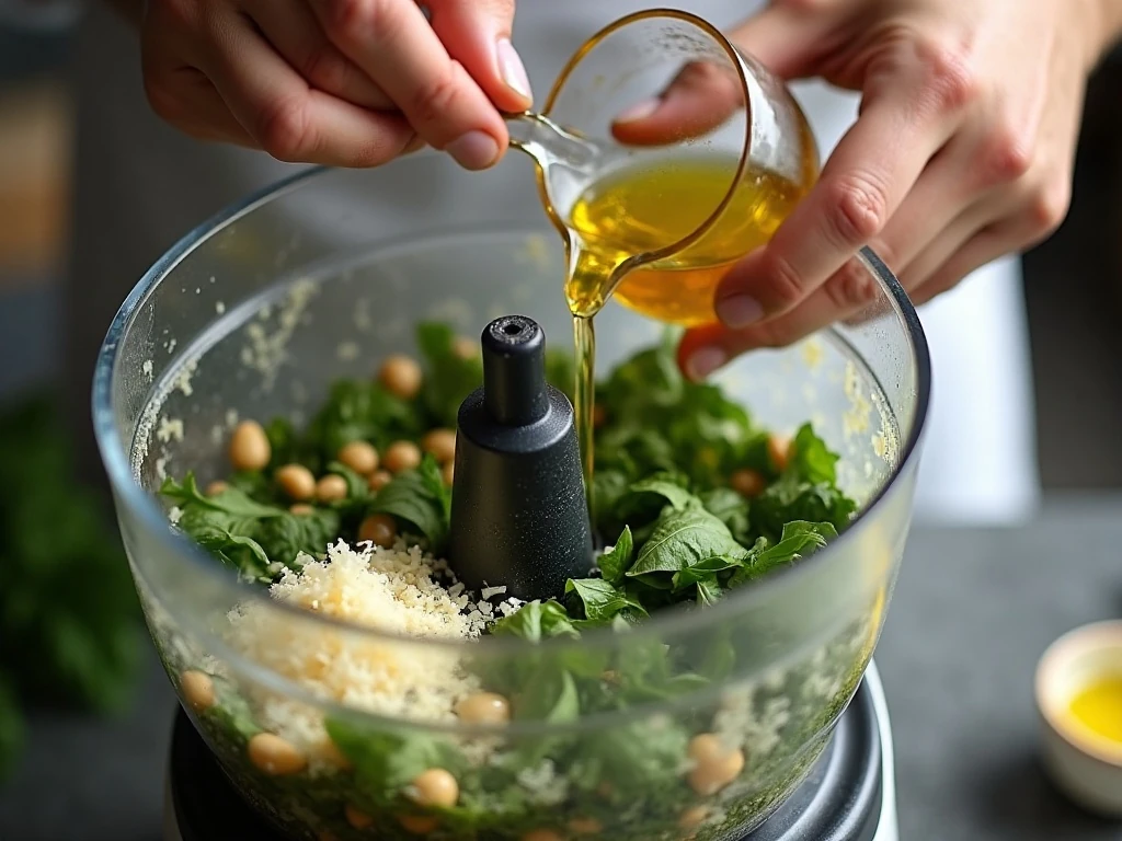 Making basil pesto in a food processor