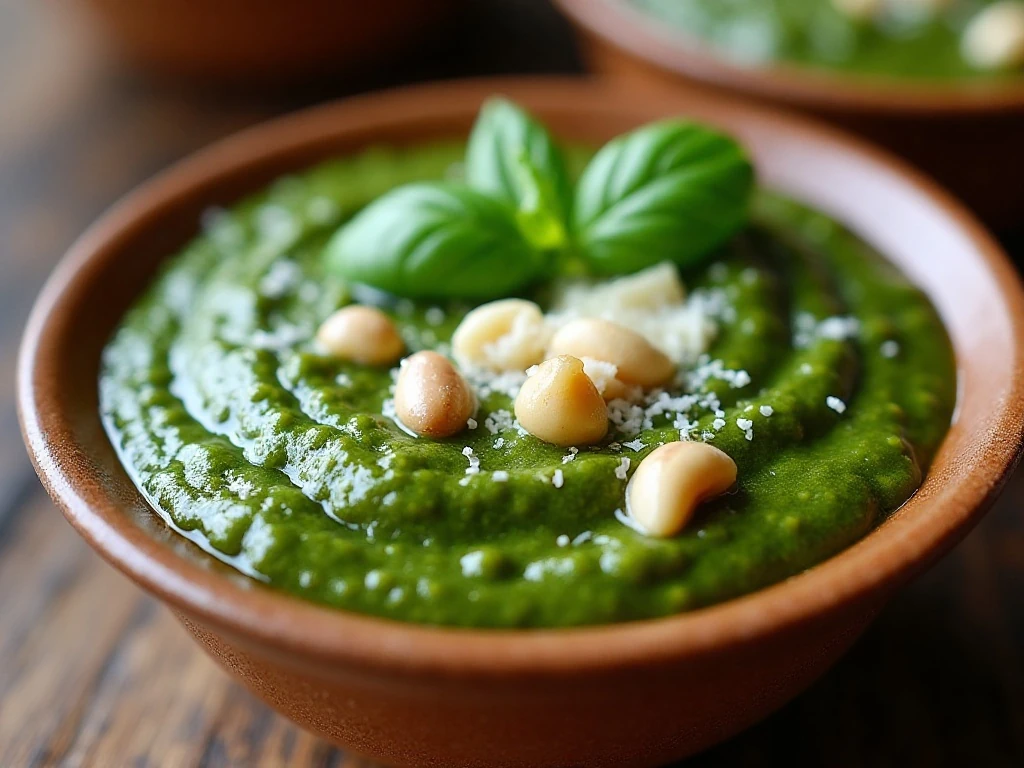 Close-up of glossy homemade basil pesto with pine nuts