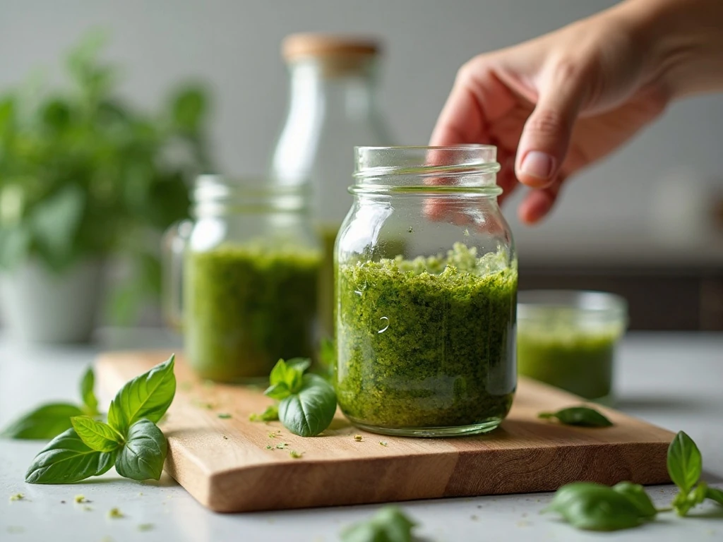 Homemade pesto stored in a jar and frozen in portions