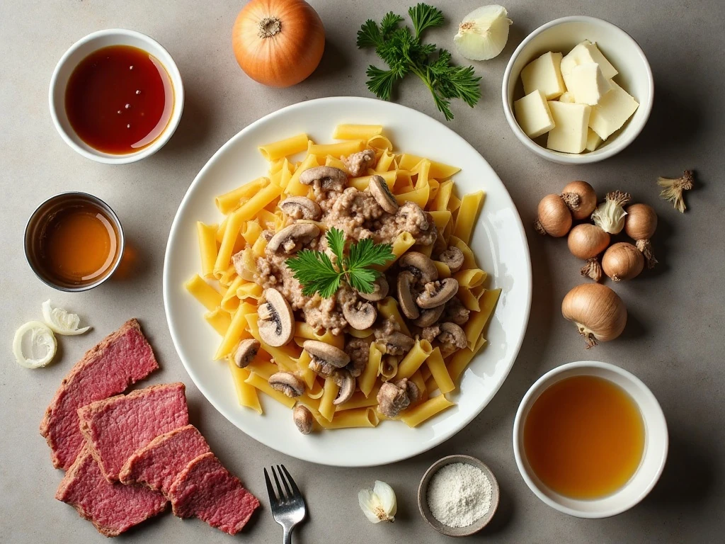 Ingredients for easy homemade beef stroganoff arranged for cooking