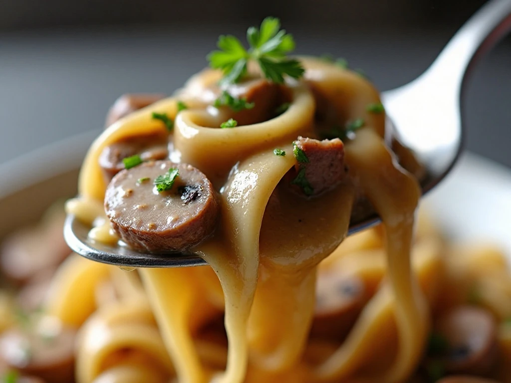 Close-up of creamy beef stroganoff with parsley garnish