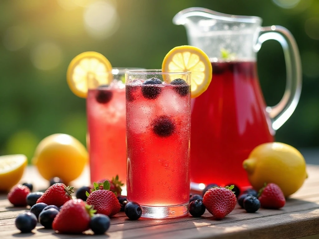 Pitcher and glasses of refreshing homemade berry lemonade