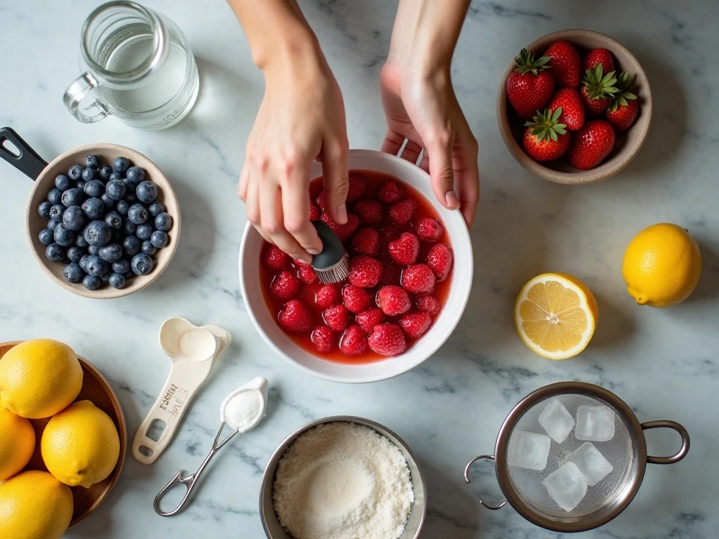 Fresh berries, lemons, sugar, and other ingredients for berry lemonade