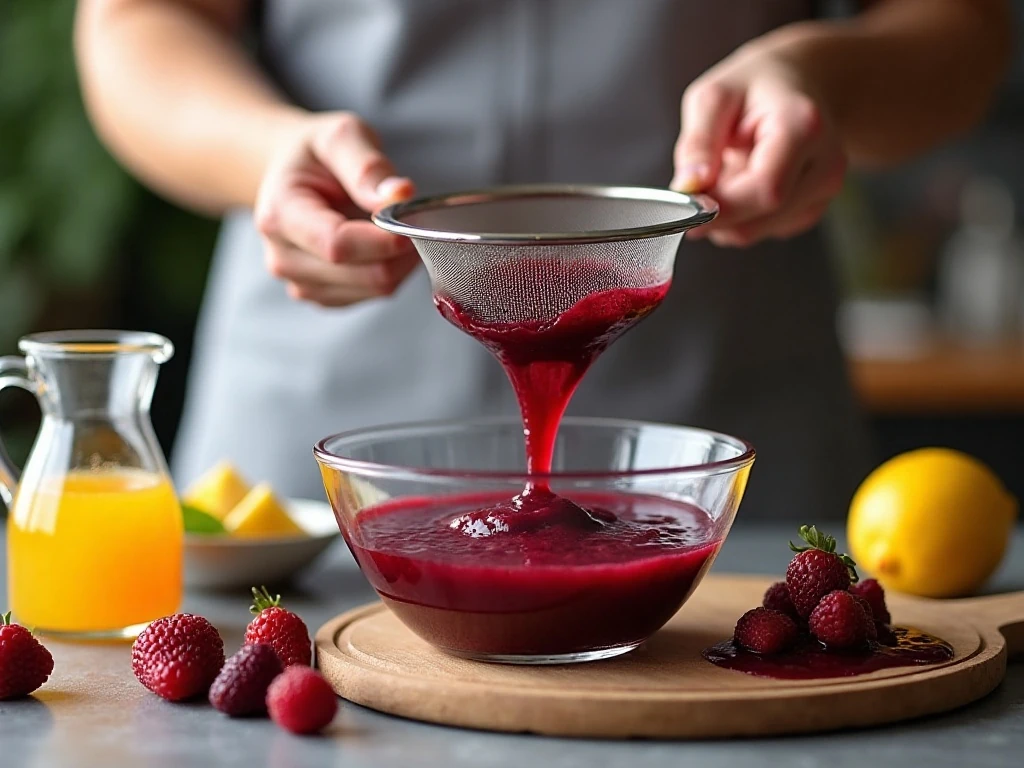 Straining fresh berry puree for homemade lemonade