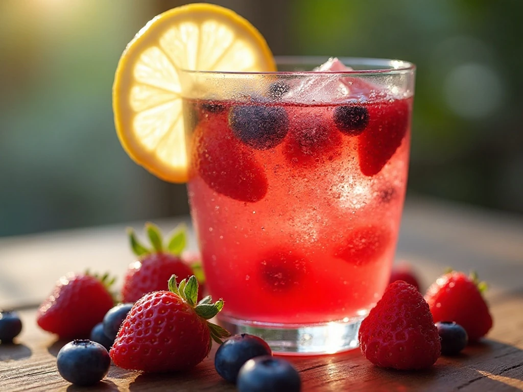 Berry lemonade garnished with fresh berries and lemon slices