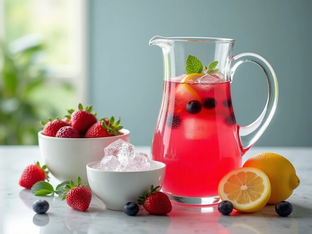 Chilled pitcher of berry lemonade prepared for serving