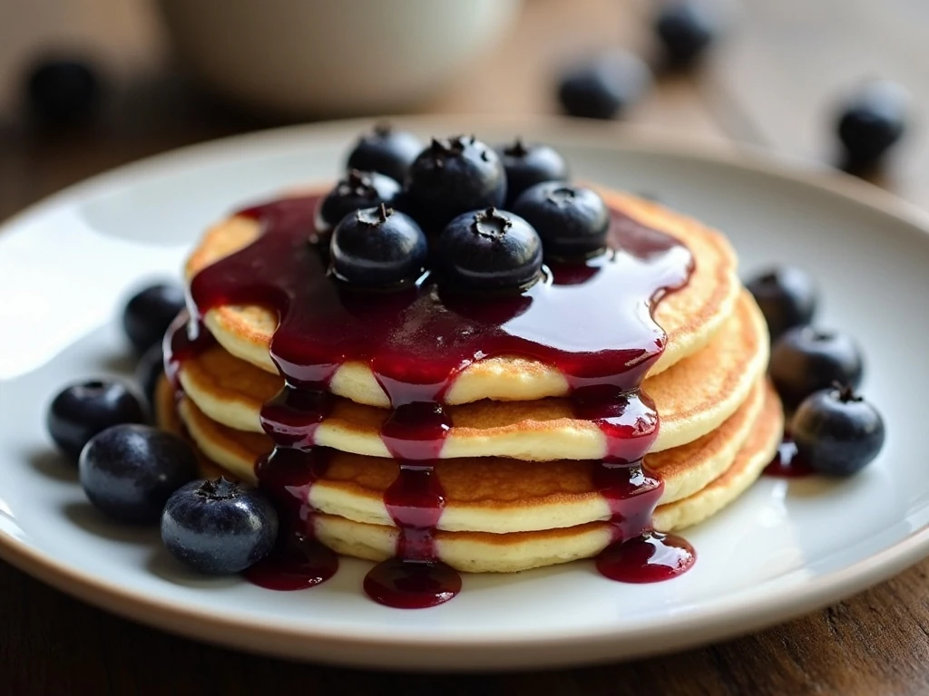 Pancakes topped with glossy homemade blueberry sauce