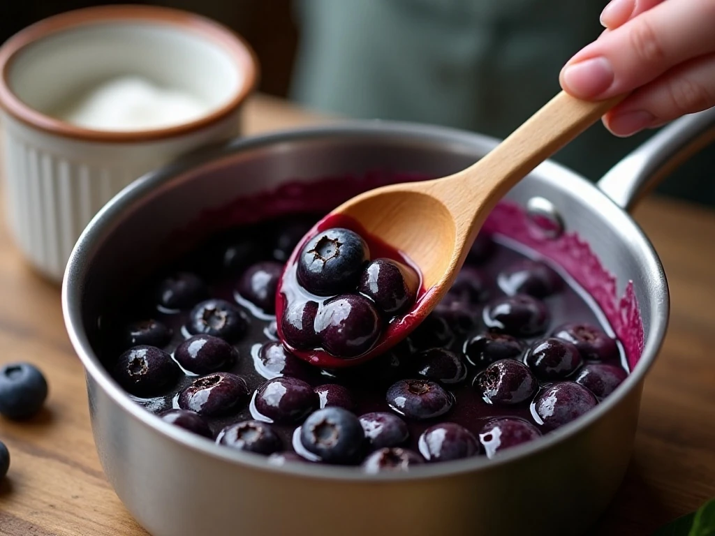 Blueberries simmering in a saucepan for blueberry sauce