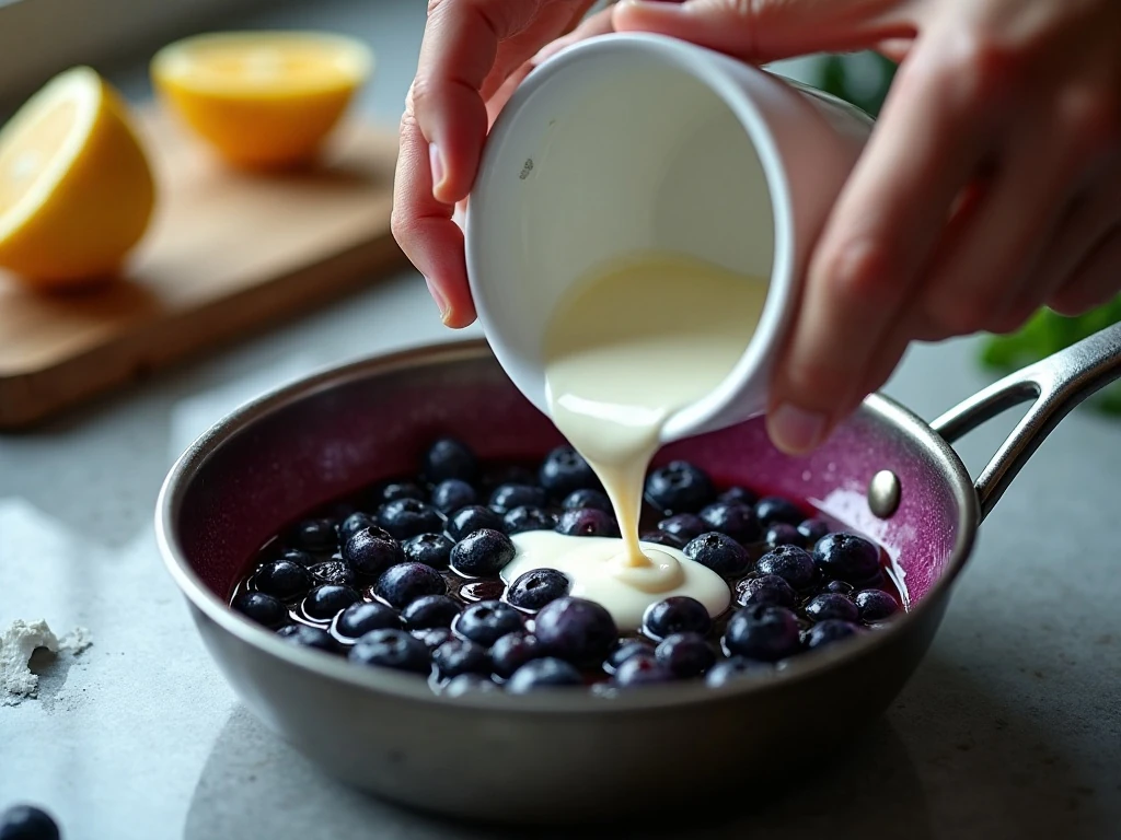 Cornstarch slurry being added to simmering blueberry sauce