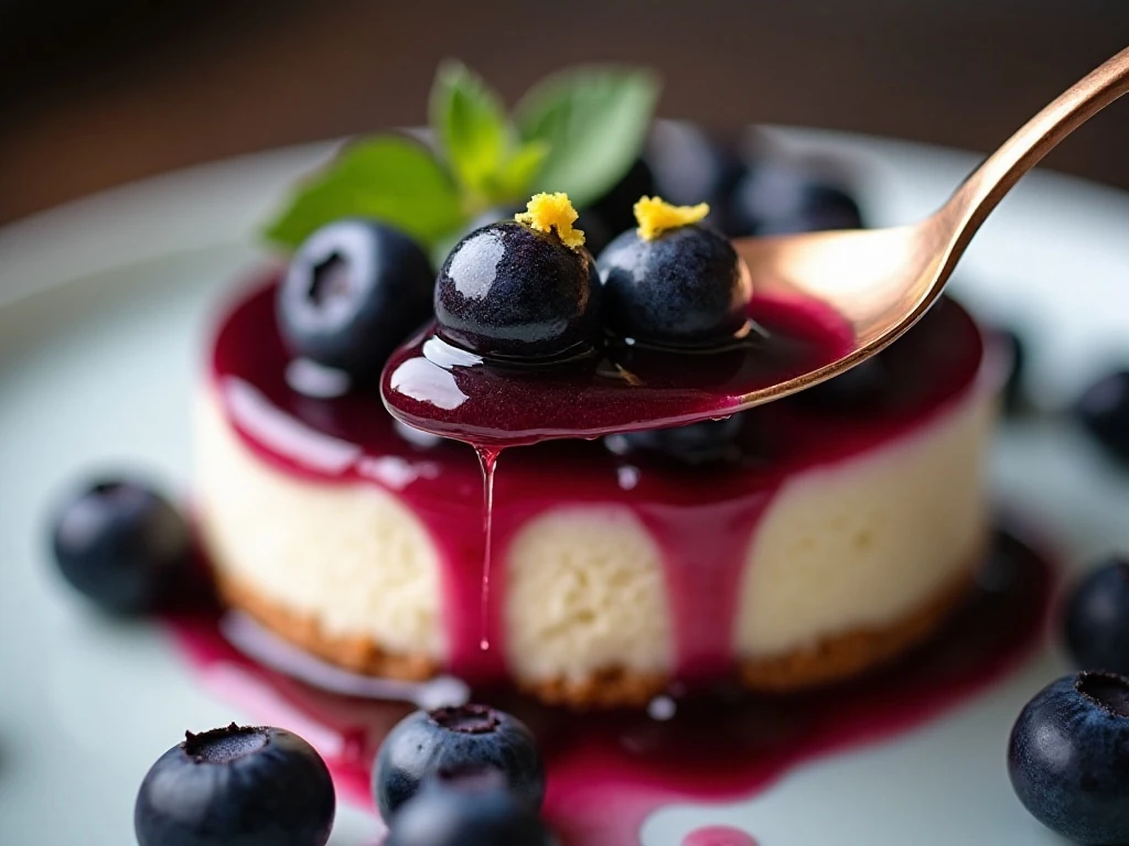Blueberry sauce spooned over cheesecake
