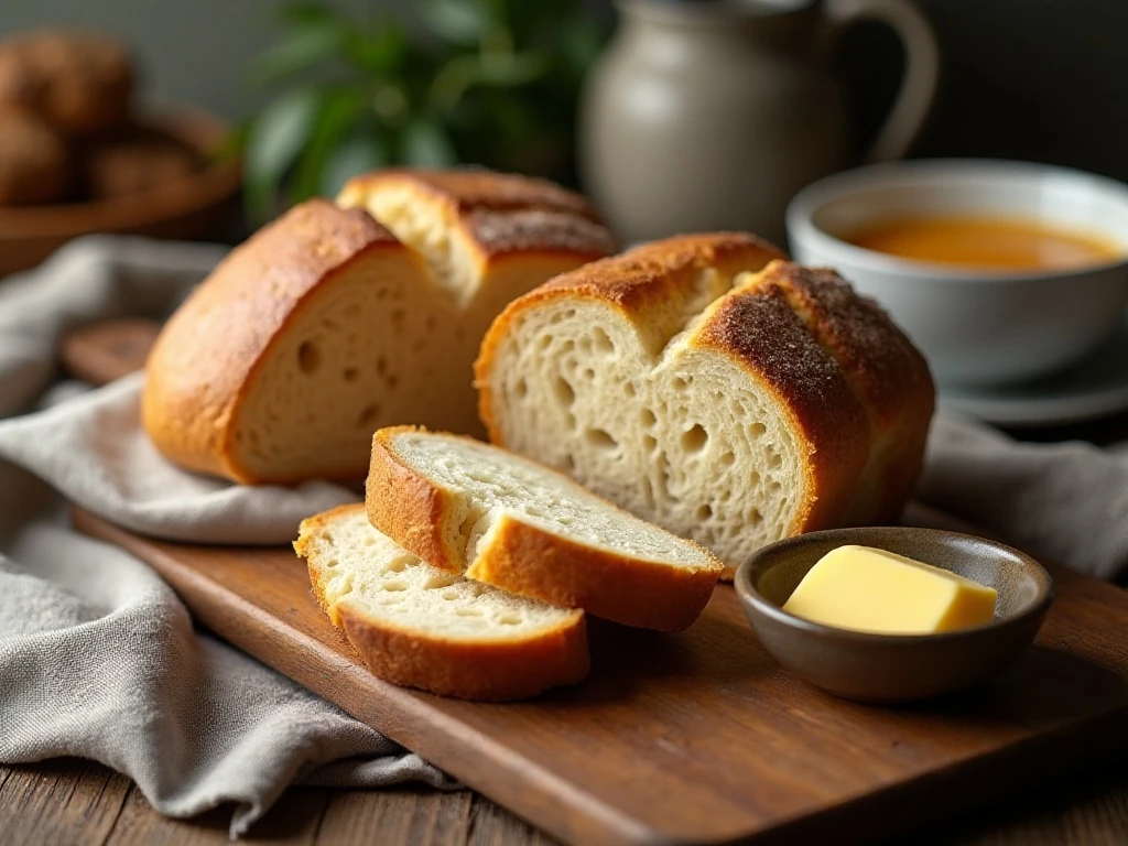 Rustic homemade bread without yeast served with butter and soup