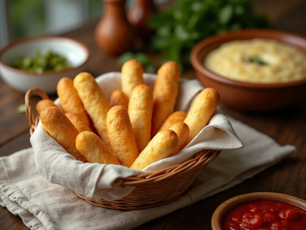 Basket of warm soft and chewy homemade breadsticks served with marinara