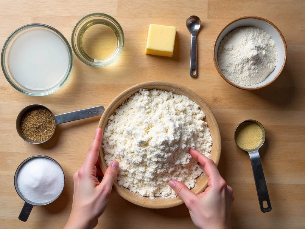 Ingredients for homemade soft breadsticks arranged on a counter