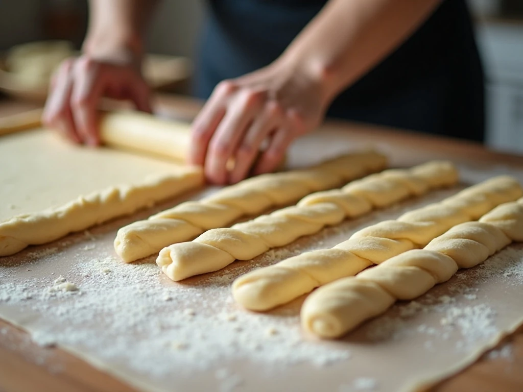 Shaping homemade breadstick dough into long ropes